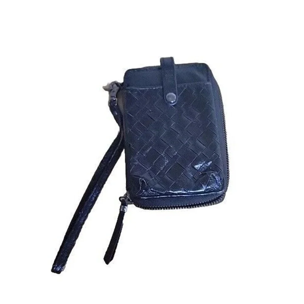 Elliott Lucca Black Woven Leather Zip Around Wristlet Wallet Organizer
